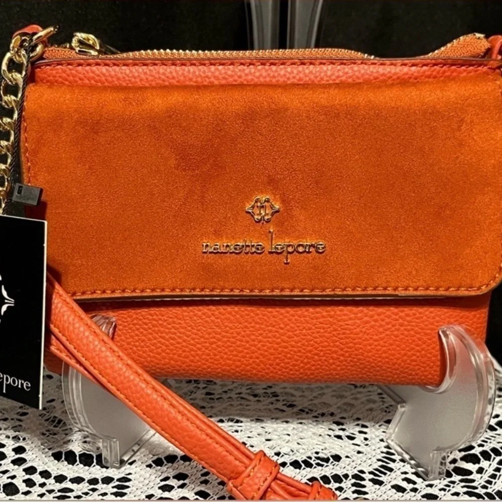 NANETTE LEPORE MSRP $39 Crossbody Bag with Suede Flap & Vegan Leather in Pumpkin - Picture 7 of 10